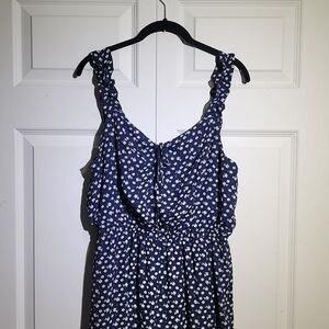 C Label Brand Logo Apparel Navy Ruffle Floral Print Wide Leg Jumpsuit